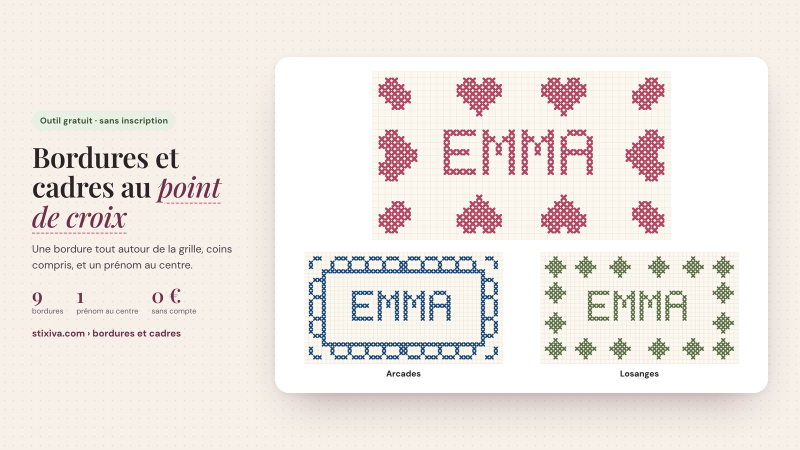 Bordures de point de croix autour du prénom Emma : cœurs, arcades et losanges, en grille de 44 × 24 points