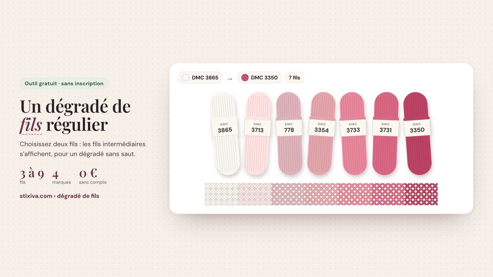 Dégradé de 7 fils DMC du 3865 au 3350 : 3865, 3713, 778, 3354, 3733, 3731, 3350