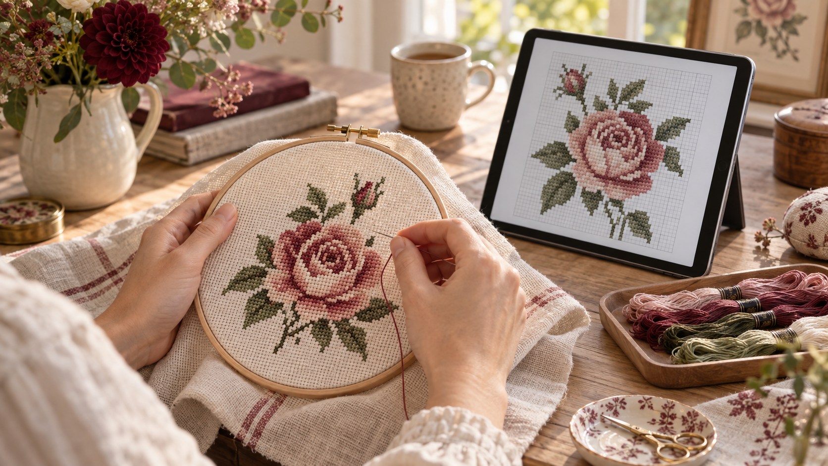 Rose brodée au point de croix sur un tambour en bois, à côté de sa grille affichée sur une tablette