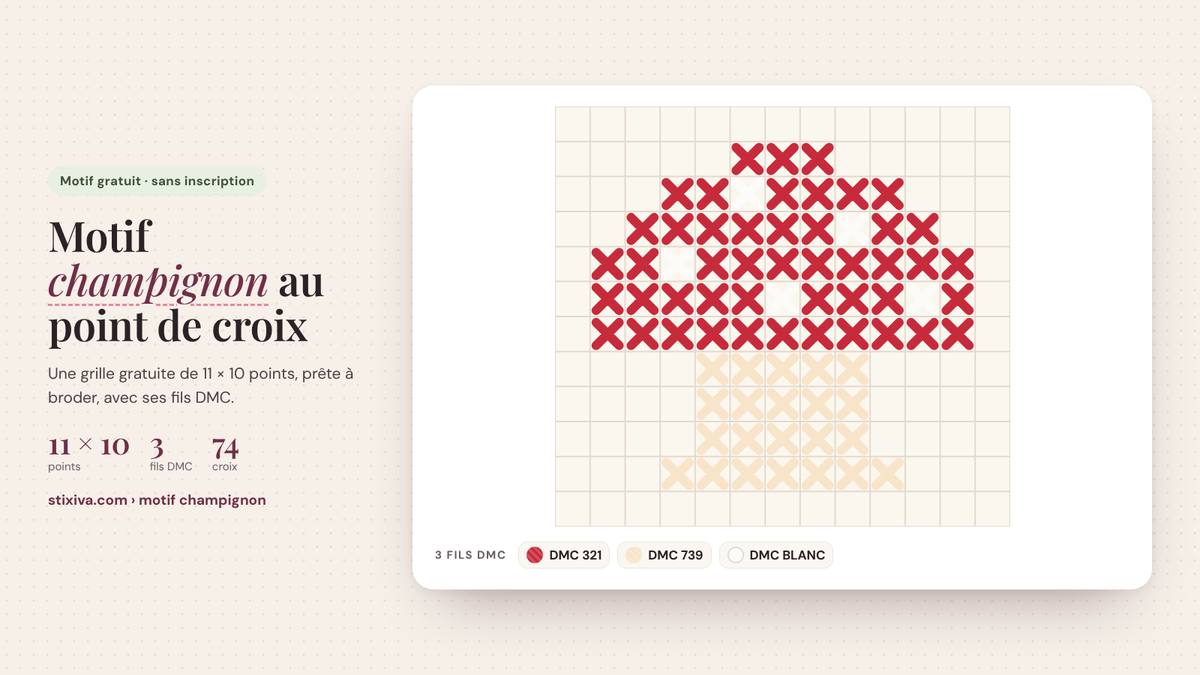 Motif champignon au point de croix brodé, grille de 11 × 10 points en fils DMC 321, 739, BLANC