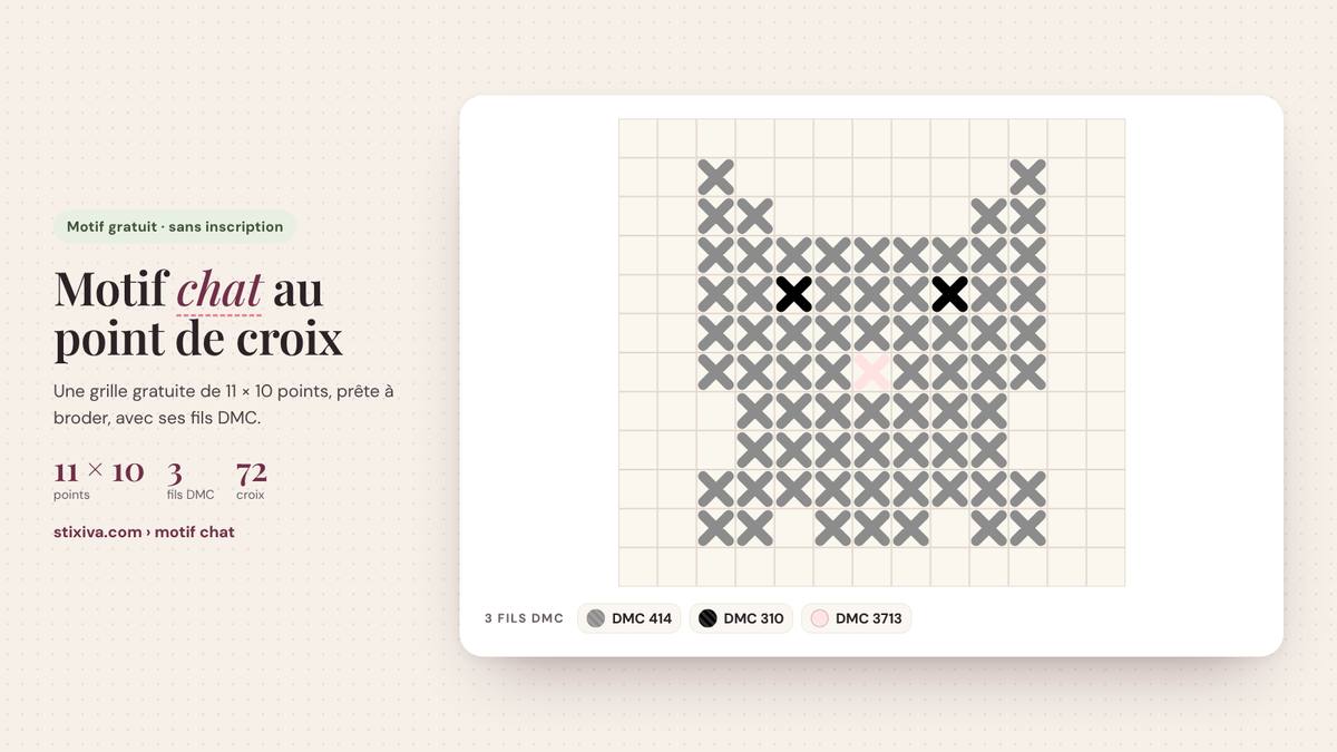 Motif chat au point de croix brodé, grille de 11 × 10 points en fils DMC 414, 310, 3713