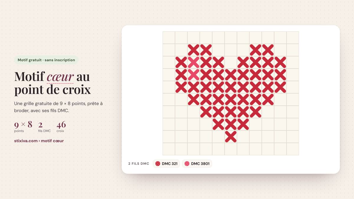 Motif cœur au point de croix brodé, grille de 9 × 8 points en fils DMC 321, 3801