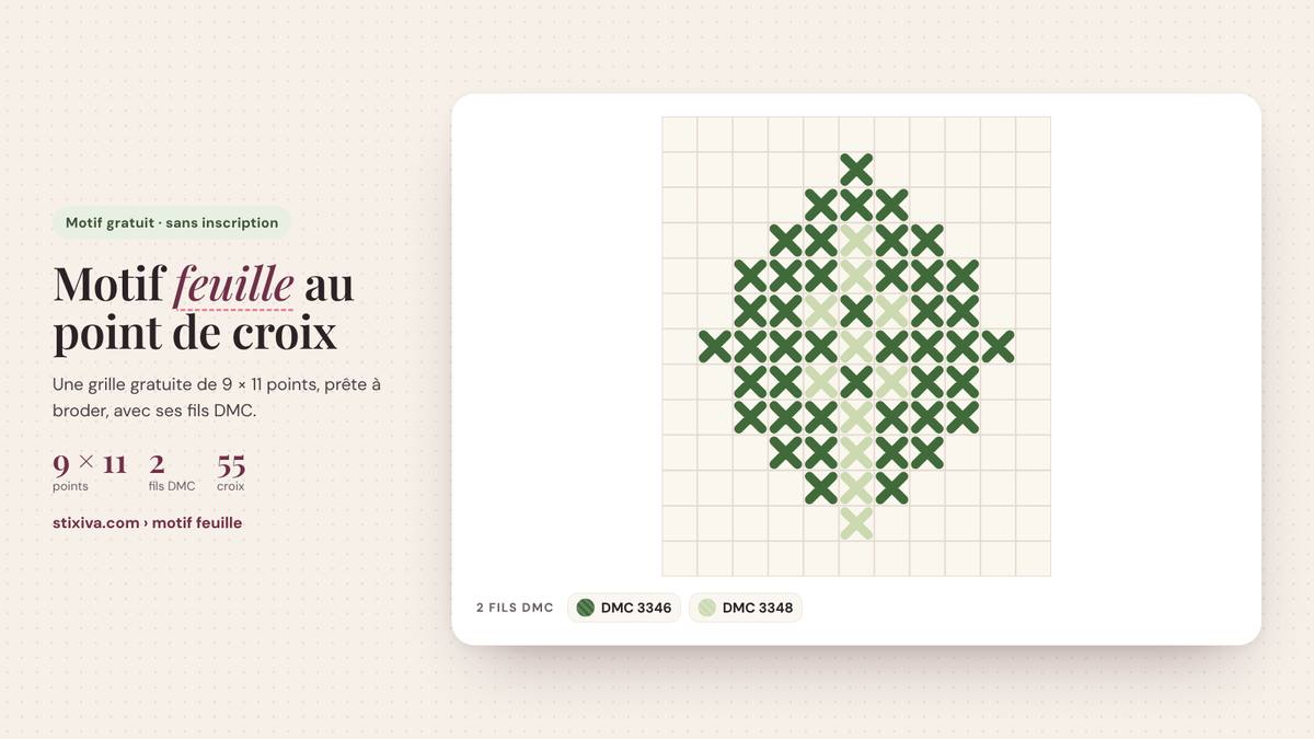 Motif feuille au point de croix brodé, grille de 9 × 11 points en fils DMC 3346, 3348