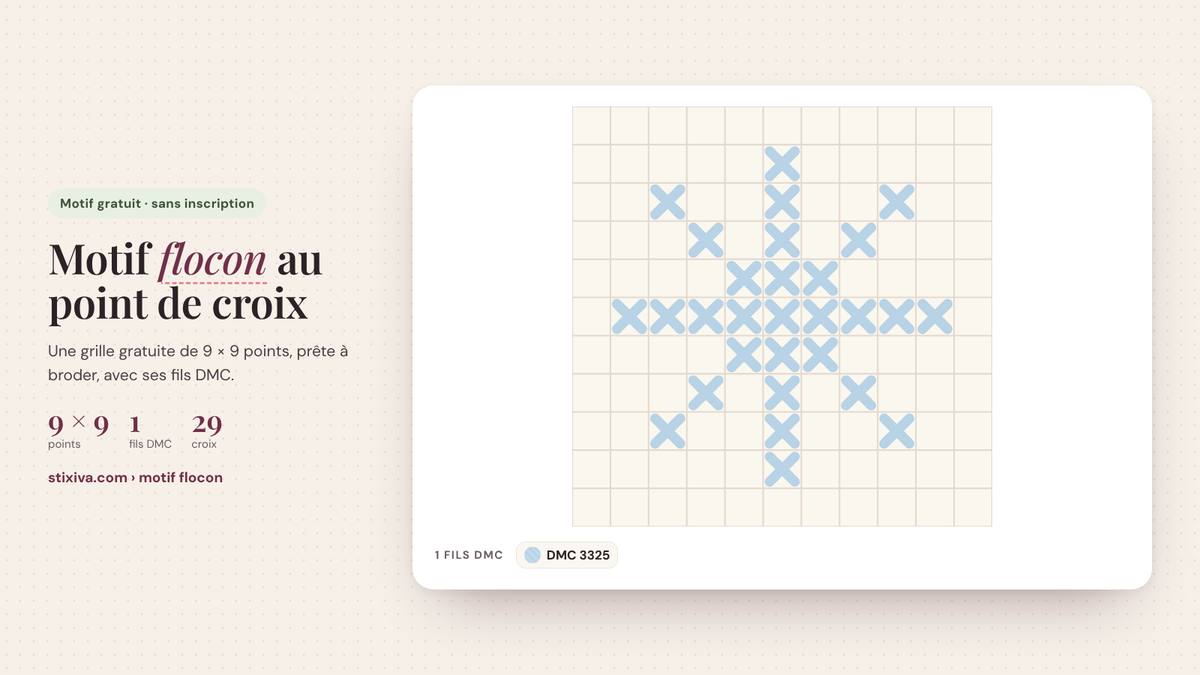 Motif flocon au point de croix brodé, grille de 9 × 9 points en fils DMC 3325