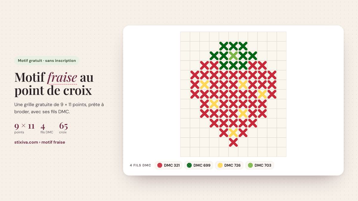 Motif fraise au point de croix brodé, grille de 9 × 11 points en fils DMC 321, 699, 726, 703
