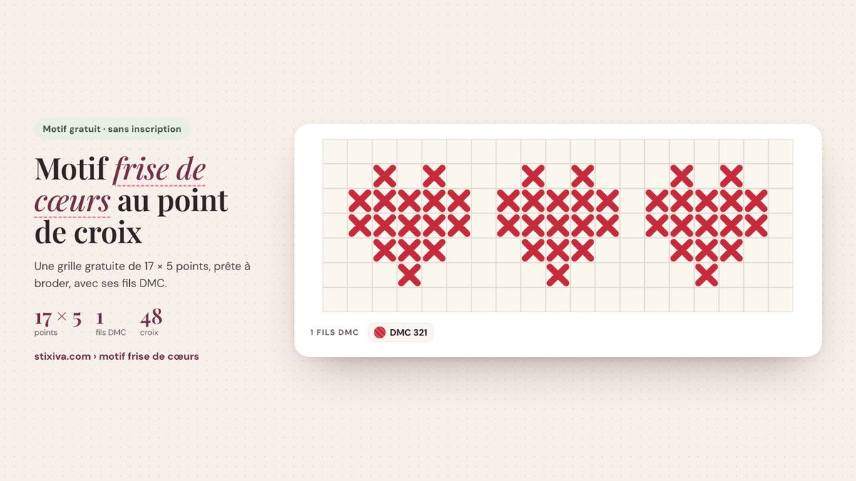 Motif frise de cœurs au point de croix brodé, grille de 17 × 5 points en fils DMC 321