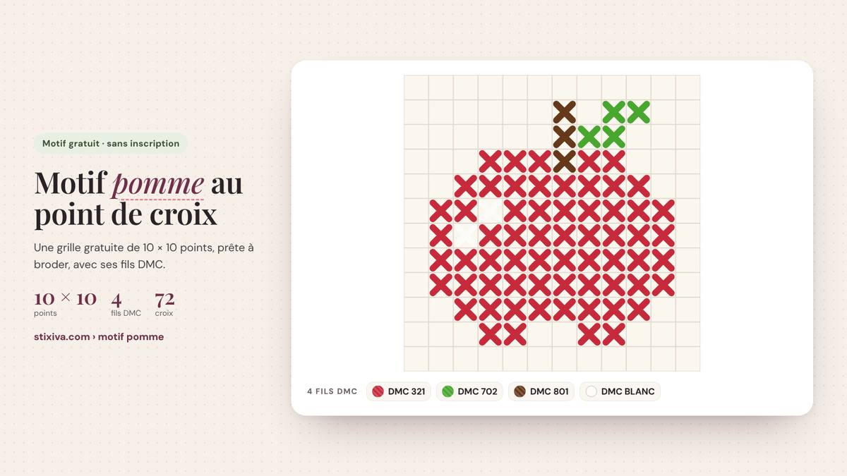 Motif pomme au point de croix brodé, grille de 10 × 10 points en fils DMC 321, 702, 801, BLANC