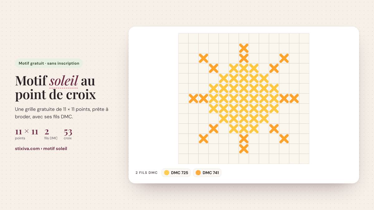 Motif soleil au point de croix brodé, grille de 11 × 11 points en fils DMC 725, 741