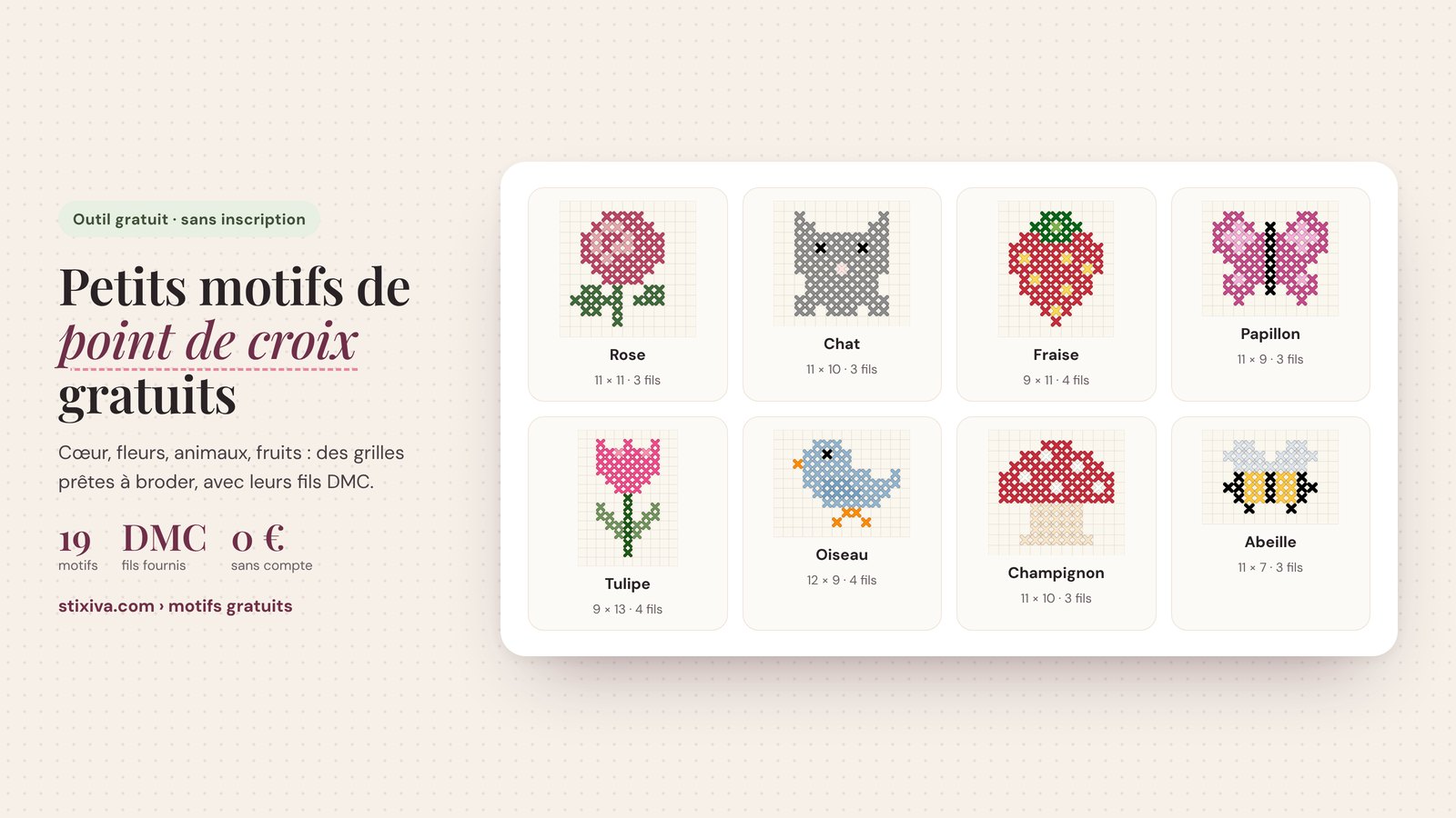 Huit petits motifs de point de croix gratuits brodés : rose, chat, fraise, papillon, tulipe, oiseau, champignon, abeille