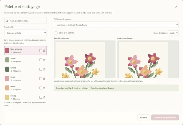 Fenêtre Palette et nettoyage : la grille avant et après, et la liste des fils à protéger