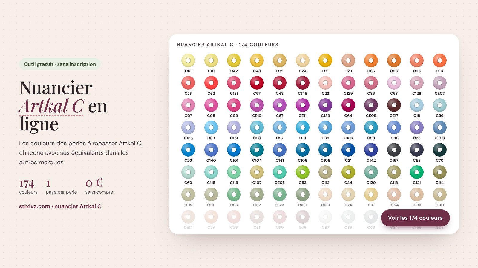 Nuancier Artkal C en ligne : les 174 couleurs des perles à repasser Artkal C avec leur numéro, classées par teinte