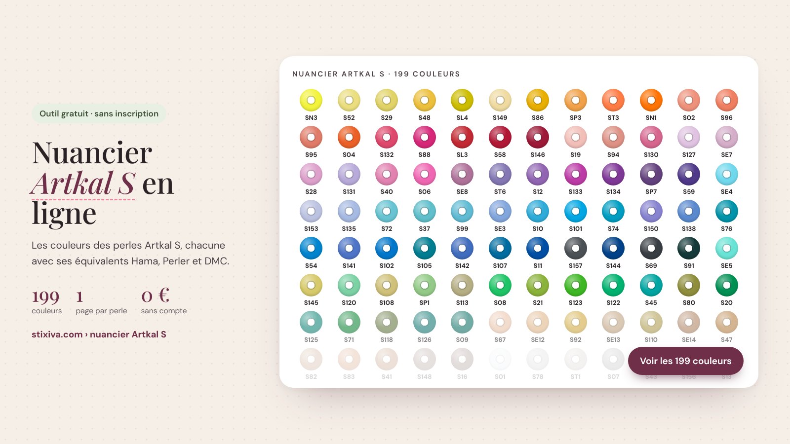 Nuancier Artkal S en ligne : les 199 couleurs des perles à repasser avec leur numéro, classées par teinte