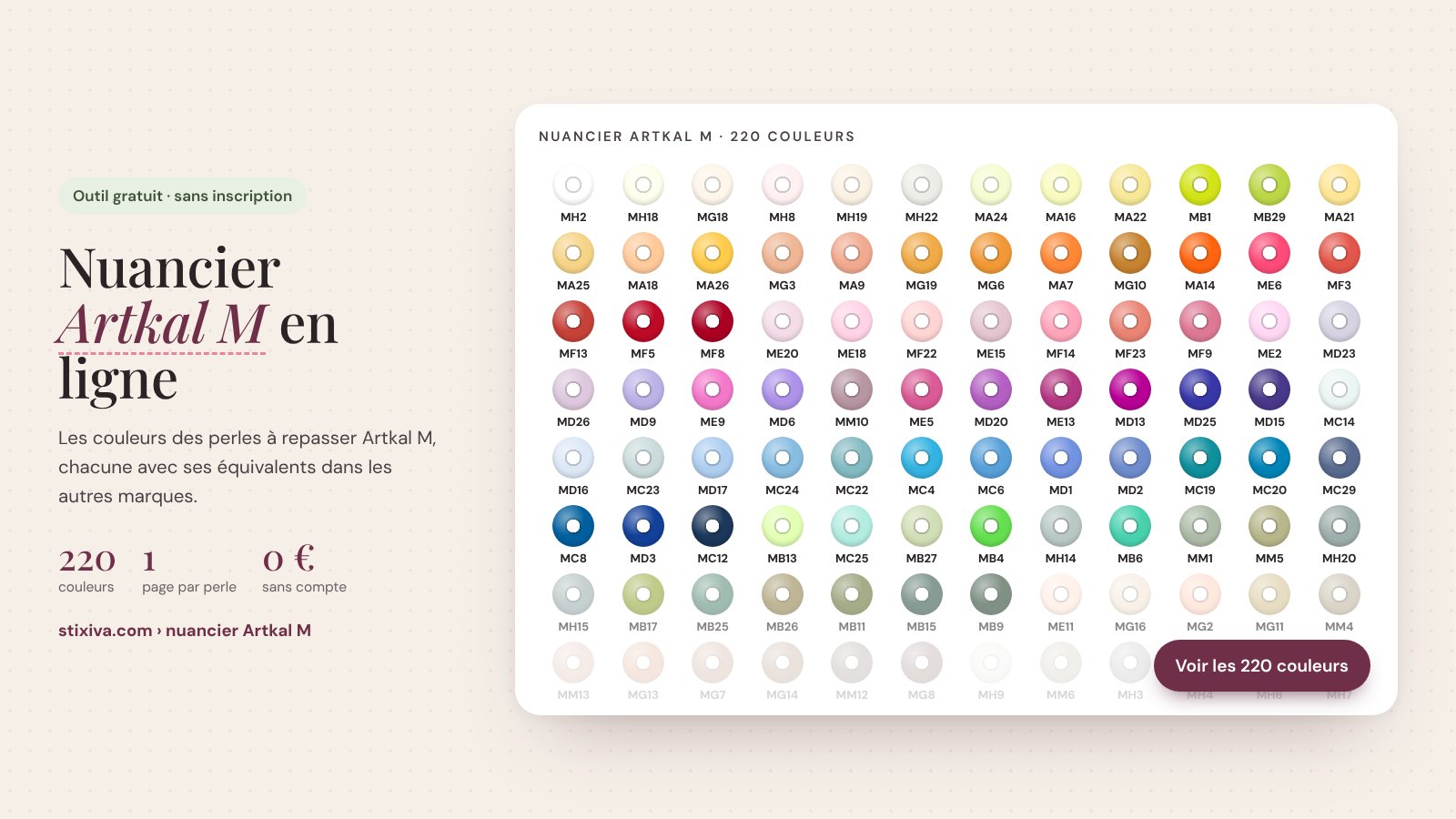 Nuancier Artkal M en ligne : les 220 couleurs des perles à repasser Artkal M avec leur numéro, classées par teinte