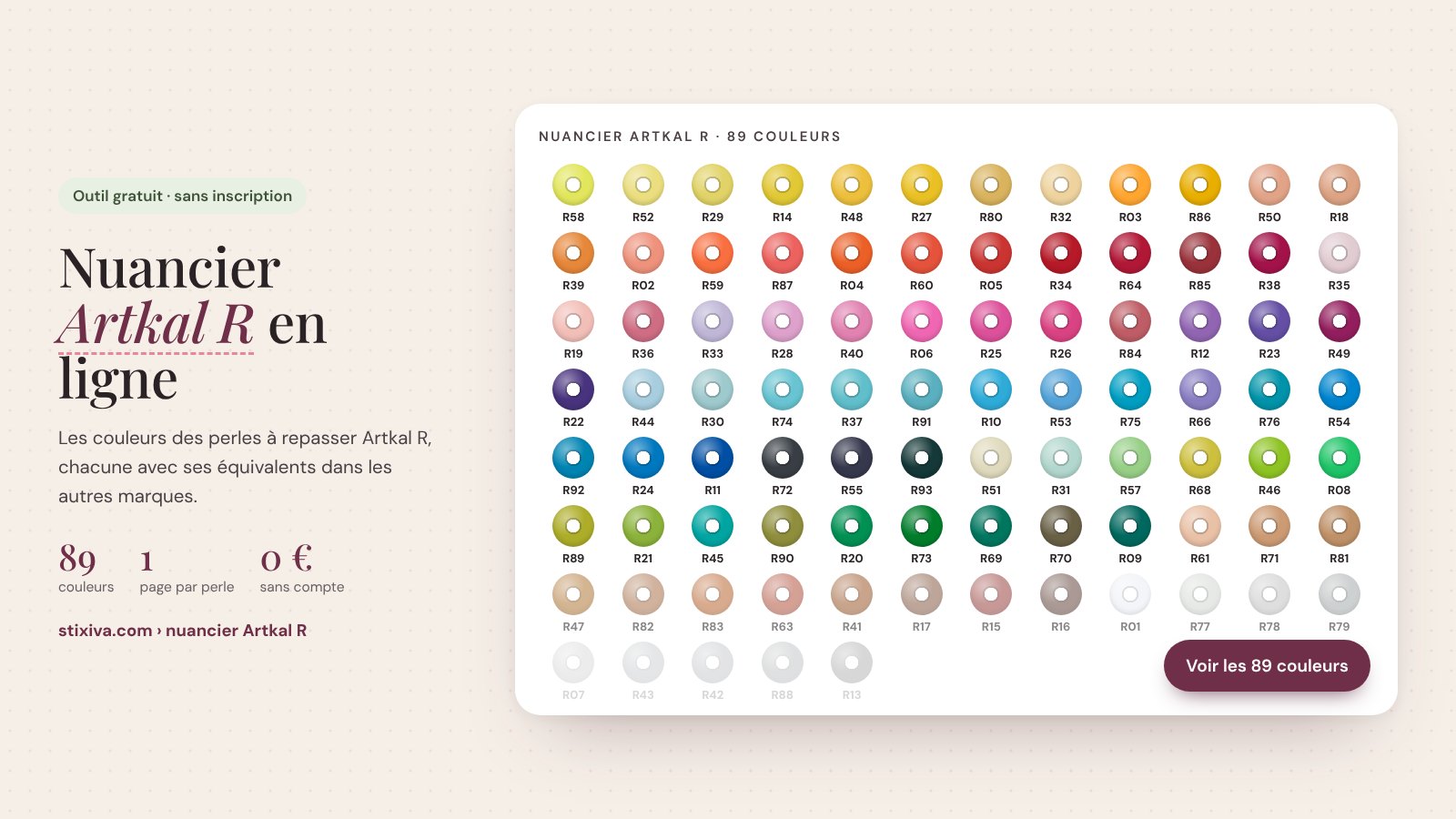 Nuancier Artkal R en ligne : les 89 couleurs des perles à repasser Artkal R avec leur numéro, classées par teinte
