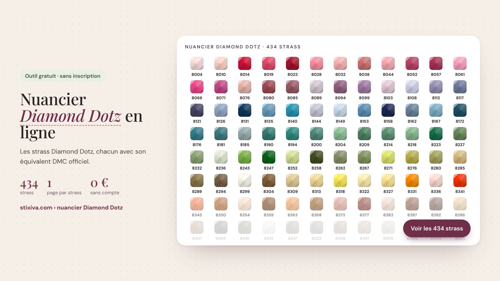 Nuancier Diamond Dotz en ligne : les 434 strass de broderie diamant avec leur numéro et leur couleur