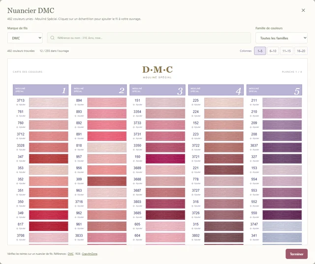 Le nuancier DMC de l’atelier, avec la recherche par numéro ou par nom