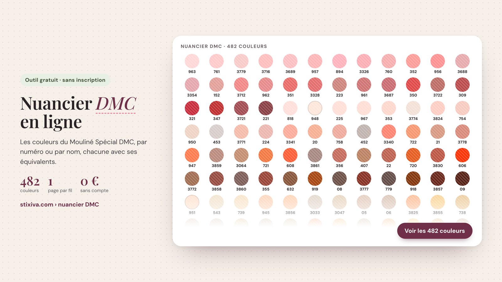 Nuancier DMC en ligne : les 482 couleurs de fils à broder avec leur numéro, classées par teinte