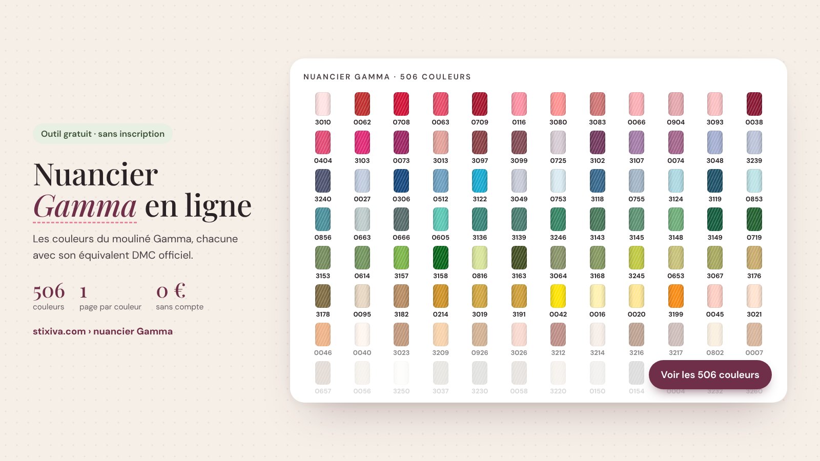 Nuancier Gamma en ligne : les 506 couleurs du mouliné russe Gamma avec leur numéro et leur équivalent DMC