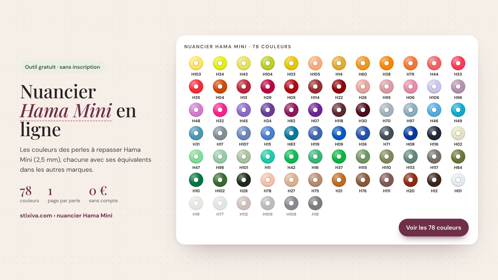 Nuancier Hama Mini en ligne : les 78 couleurs des perles à repasser Hama Mini (2,5 mm) avec leur numéro, classées par teinte