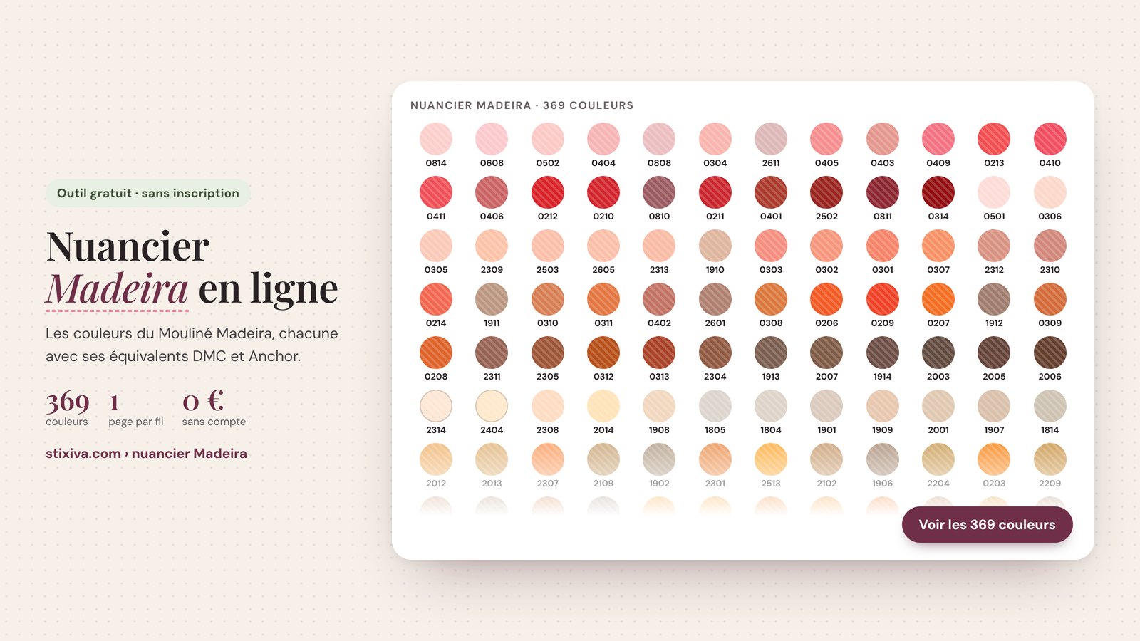 Nuancier Madeira en ligne : les 369 couleurs de fils à broder avec leur numéro, classées par teinte