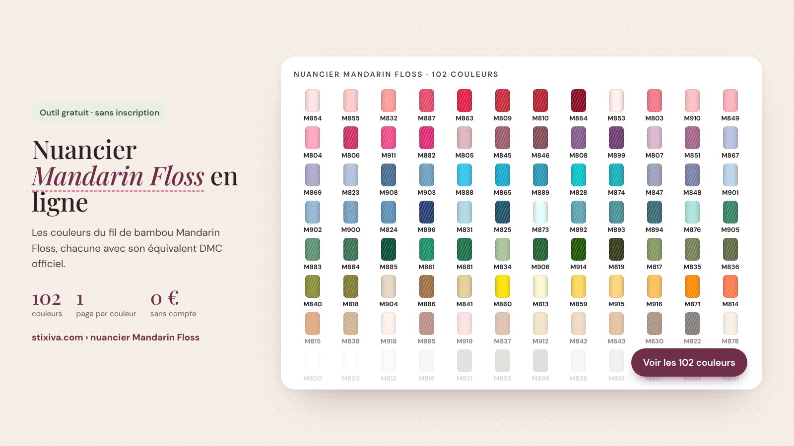 Nuancier Mandarin Floss en ligne : les 102 couleurs du fil de bambou Mandarin Floss avec leur numéro et leur équivalent DMC