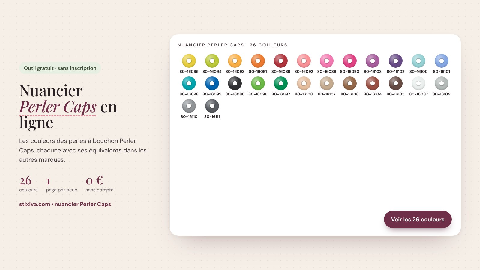 Nuancier Perler Caps en ligne : les 26 couleurs des perles à bouchon Perler Caps avec leur numéro, classées par teinte