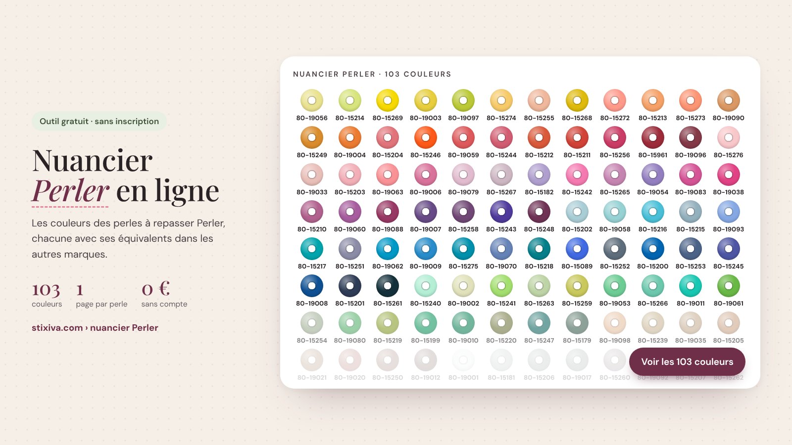 Nuancier Perler en ligne : les 103 couleurs des perles à repasser avec leur numéro, classées par teinte
