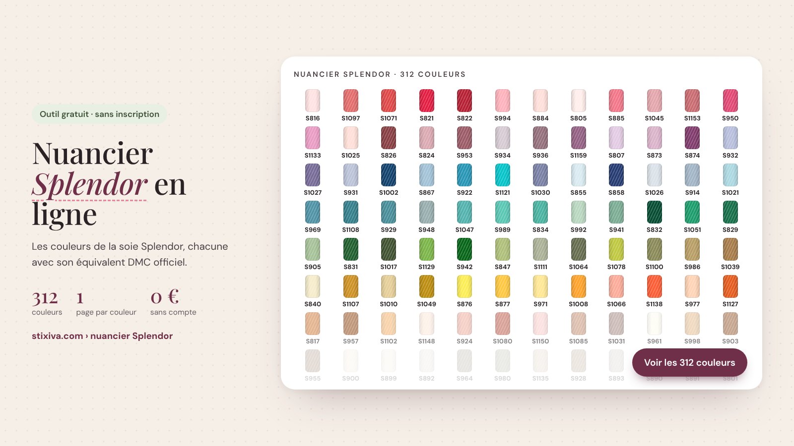 Nuancier Splendor en ligne : les 312 couleurs de la soie Splendor de Rainbow Gallery avec leur numéro et leur équivalent DMC