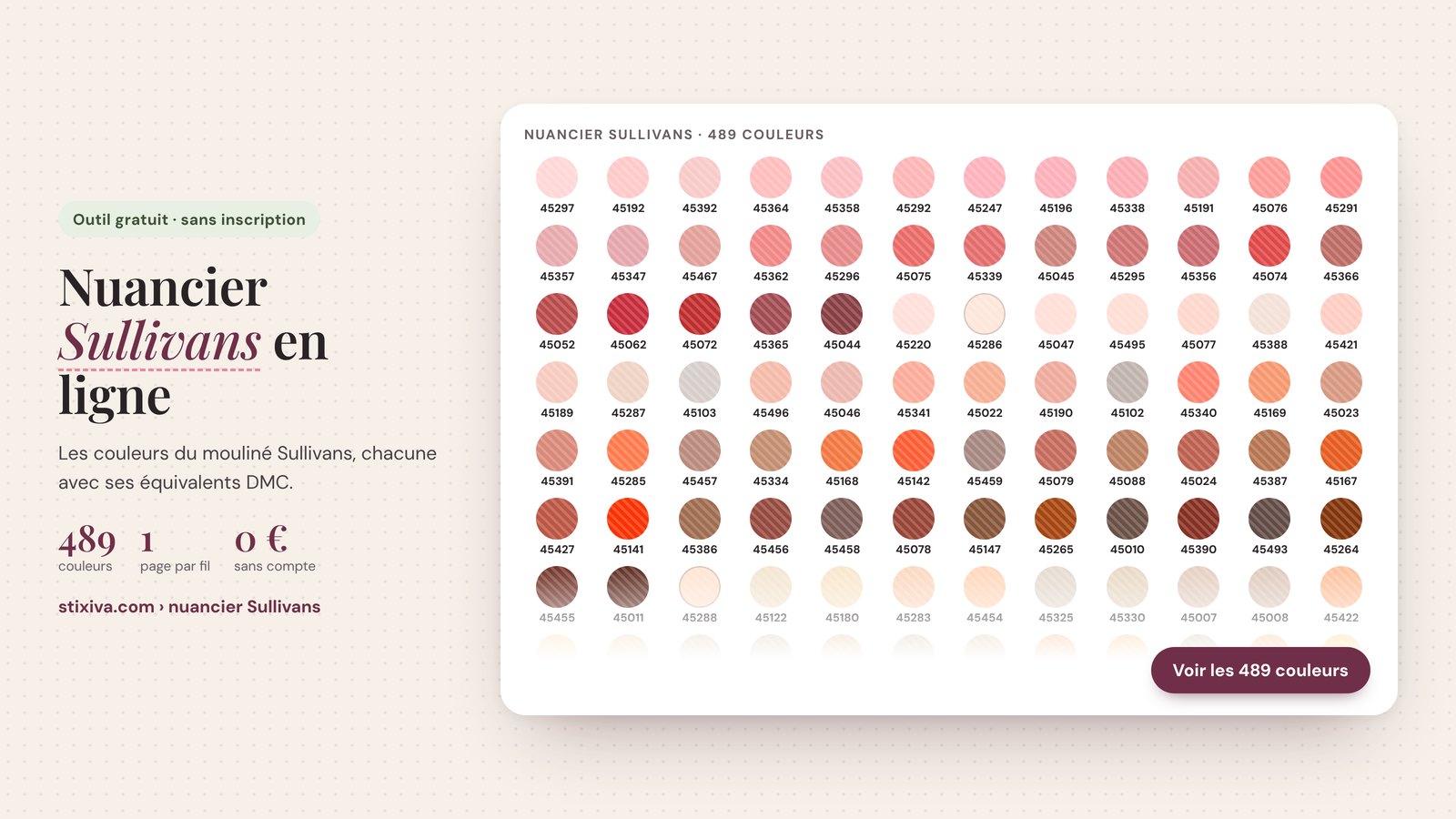 Nuancier Sullivans en ligne : les 489 couleurs de fils à broder avec leur numéro, classées par teinte