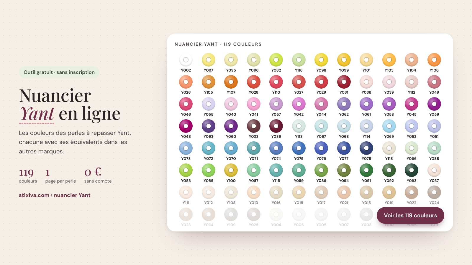 Nuancier Yant en ligne : les 119 couleurs des perles à repasser Yant avec leur numéro, classées par teinte