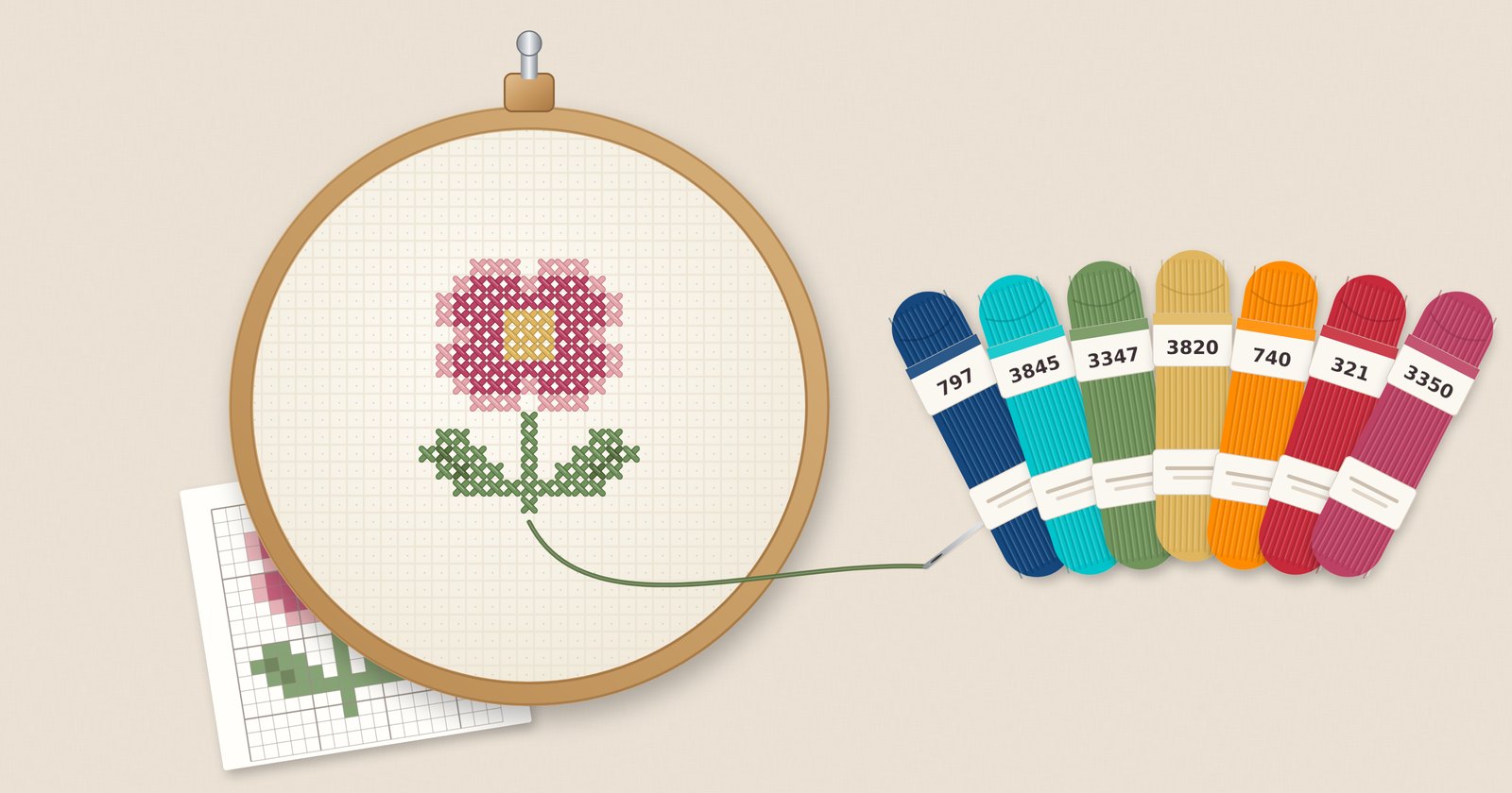 Broderie au point de croix en cours dans un tambour en bois : une fleur rose brodée sur toile Aïda, sa grille sur papier et un éventail d’échevettes DMC numérotées