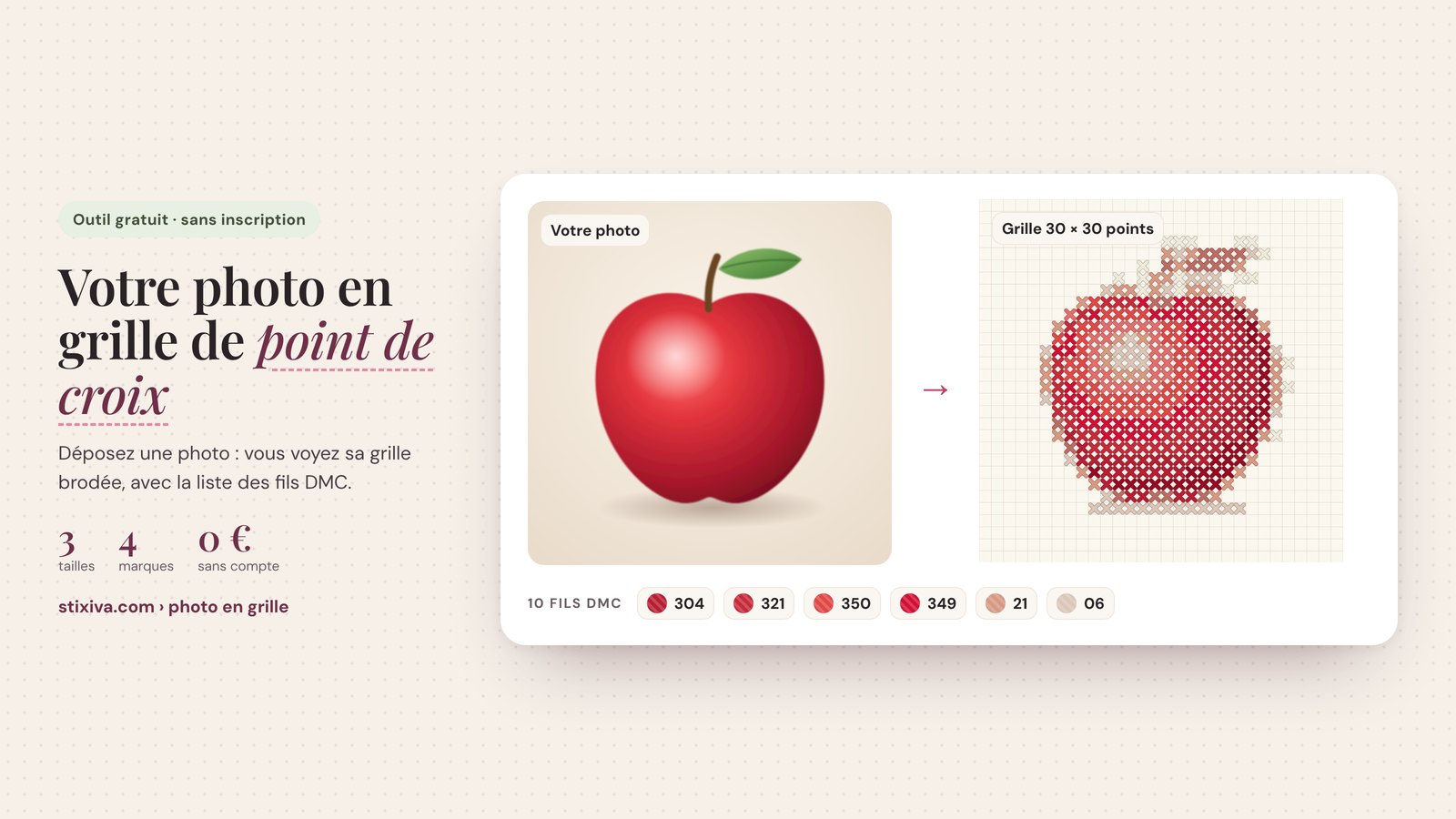 Photo d’une pomme rouge transformée en grille de point de croix de 30 × 30 points, avec ses fils DMC ECRU, 21, 06, 3722, 350