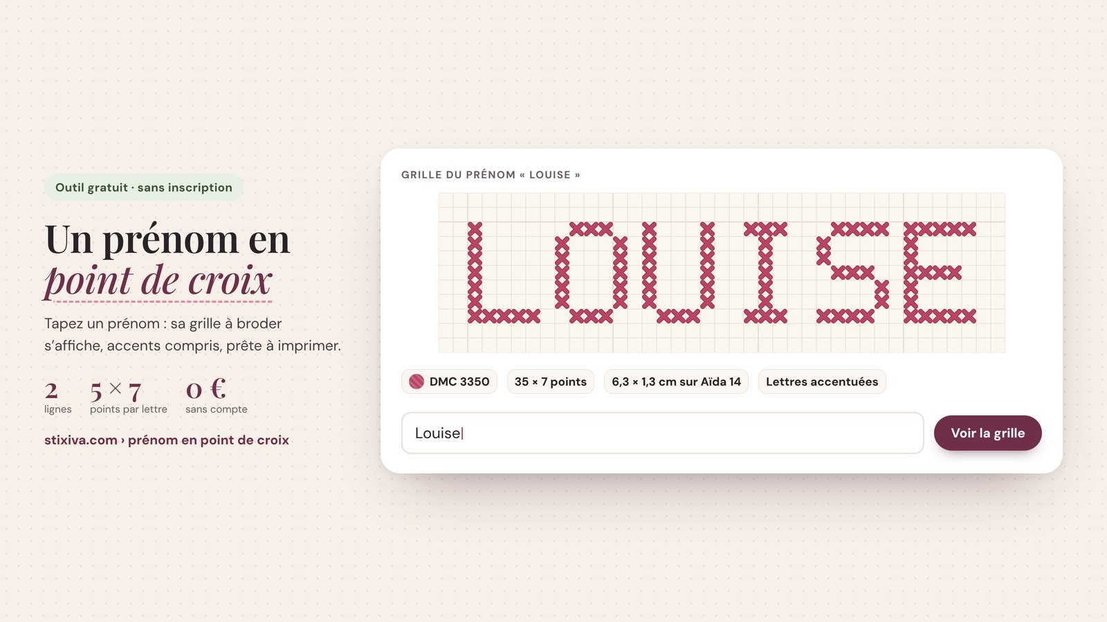 Grille de point de croix du prénom Louise, 35 × 7 points en fil DMC 3350 rose framboise